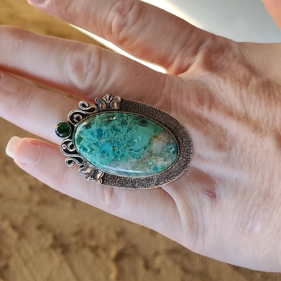 New Chrysocolla & Diopside 925 Silver Butterflies Statement Ring. - Picture 9 of 16